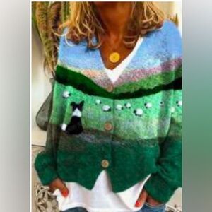 🌈4/$8🌈 Colorful Landscape button up Cardigan with a border Colli